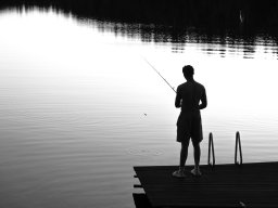 man at lake bnw